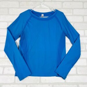 Women Blue Seamless Mesh Vent Athletic Long Sleeve Workout Top XL